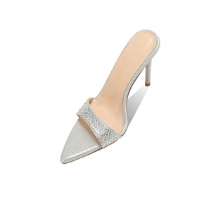 Moncheer - Mules de Tacón Alto con Pedrería Plateada para Mujer, Diseño de Punta Puntiaguda, Brillantes, para Exteriores - Product Image 2