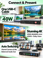 Switcher USB-C 18Gbps 2x1 HD-MI dengan Pengisian Daya PD 40W, Pengalihan Otomatis, Berbagi USB HID, Audio Seimbang, De-Embedding HDCP2.2
