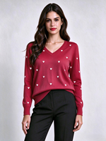 Pull-over à manches longues et col en V pour femme, motif à pois, jacquard, automne