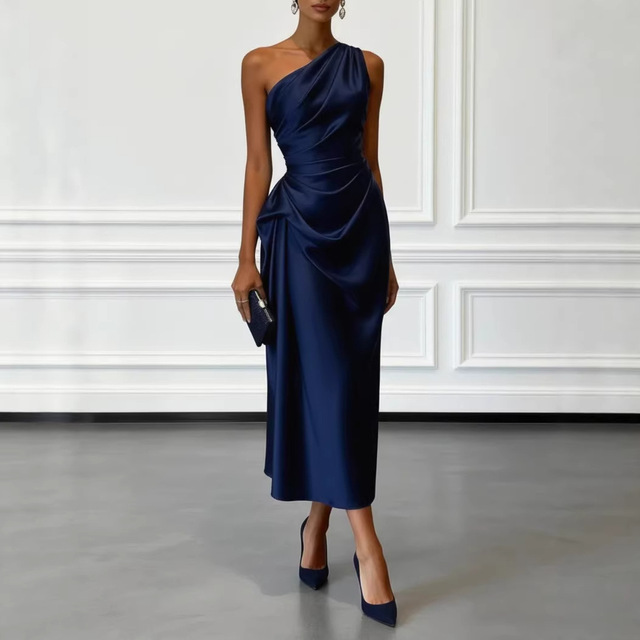 Women One Shoulder Satin Maxi Dress Ruched Waist Bodycon Pencil Midi Gown Elegant Evening Party Long Dress