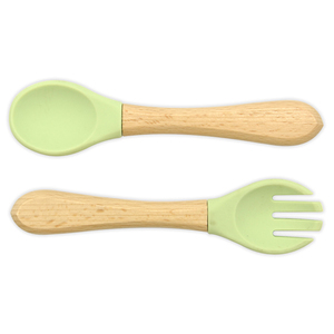 BHD Offre Spéciale – Ensemble Cuillère et Fourchette en Silicone à Pointe Souple de Qualité Alimentaire pour Bébé, Sans BPA, avec Manche en Bois pour Enfants - Product Image 4