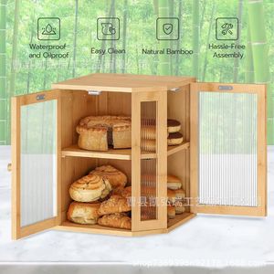 Cross-border bamboo bread box <b>cabinet</b>/dish storage box, double door with acrylic lid, <b>corner</b> wooden storage <b>cabinet</b> - Product Image 2