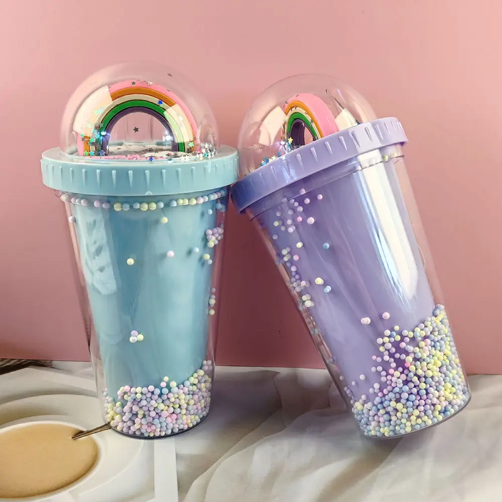 most popular 16oz Double plastic water bottle with Straw and Lid Colorful children's fun double plastic cup insulated coffee mug
