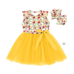 Vestido de Princesa de Tul con Lindas Flores Amarillas para Niña, Ropa Infantil, Vestidos para Niñas, Boutique, Vestido de Verano, Traje de Fiesta con Diadema de Lazo - Product Image 1