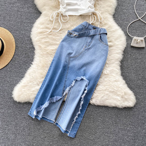 Summer Women's Drawstring Tie Shoulder Vest Top Irregular <b>Split</b> Denim Half-body <b>Skirt</b> 2 Piece Set Fashion - Product Image 5