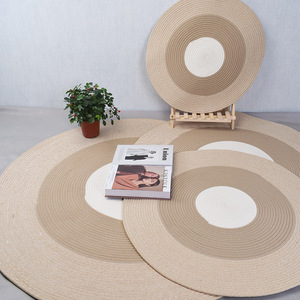 Tapis de sol rond en corde de coton tressée à la main, couleur kaki, avec blocs de couleur, pour salon et chambre, combinaison 3 couleurs, coussin de siège pour baie vitrée - Product Image 2