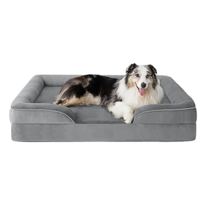 Cama de perro de espuma viscoelástica ortopédica de felpa gris personalizada al por mayor, cama rectangular no masticable para mascotas con almohada de 4 lados, cuenco de acero - Product Image 1