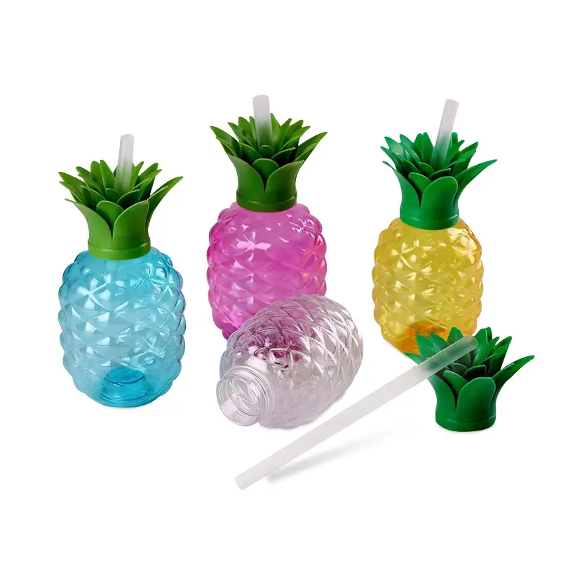 500ml Custom Logo Plastic Led Light pineapple Cup Jar Drinking Fruit Juice Water Bottle With Straws For Party