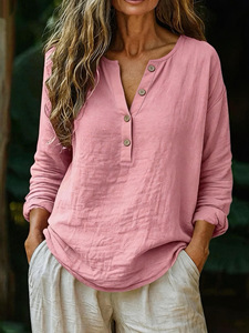 2026 New Women's Summer Casual Solid Color Breathable Long-Sleeve <b>Half</b>-Open V-Neck <b>Buttons</b> T-<b>Shirt</b> Blouse - Product Image 5