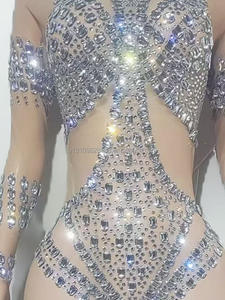 Costume de scène pour soirée en boîte de nuit, bar, performance, <span class=keywords><strong>Luka</strong></span> Mesh, brillant, diamant, moulant, sexy, une pièce, col haut, pantalon slim - Product Image 2