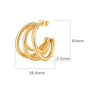 Anting-anting stud pernyataan mode dari baja tahan karat, polesan tinggi, tiga lingkaran, tabung terbuka sedang, perhiasan anting-anting hoop - Product Image 3