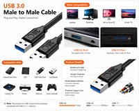 Câble USB 3.0 A mâle vers A mâle, transfert de données 5 Gbit/s, connecteurs plaqués or, gaine en nylon pour boîtier de disque dur, refroidisseur d'ordinateur portable