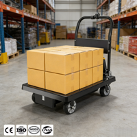 Chariot électrique industriel pliable personnalisable OEM à quatre roues, plateau plat, haute capacité de charge 500 kg, chariot de transport d'entrepôt en acier 800W