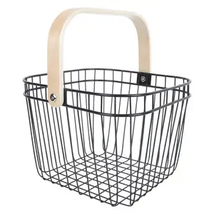 Cesta de metal empilhável para armazenamento de frutas, cesta de malha de arame com alça de madeira para cozinha ou banheiro