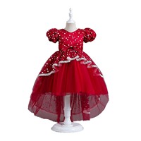 Gaun Pesta Anak Perempuan Model Puff Sleeve Polka Dot dengan Ekor, Gaun Putri untuk Pernikahan, Pengiring Pengantin, Penampilan Piano, atau Kostum