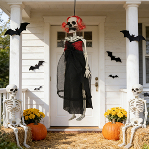 Scheletro Femminile Gotico Sospeso con Articolazioni <span class=keywords><strong>Mobili</strong></span>, Parrucca Rossa e Vestito Nero in Plastica per Halloween, Decorazione per Casa Stregata, Giardino e Prato - Product Image 2