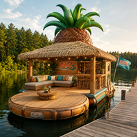 Bar flottant gonflable de style île pour l'extérieur, avec toit en forme d'ananas, coussins de salon et tabourets de bar, idéal pour les sorties familiales sur le lac ou en bord de mer