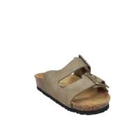 Sandales plates Valleverde à bout ouvert en cuir véritable taupe avec boucle, chaussures confortables à enfiler pour femmes