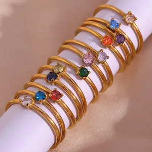 Golden Supplier Stainless Steel Real 18K Gold Plated Zircon Birthday Stone Rings