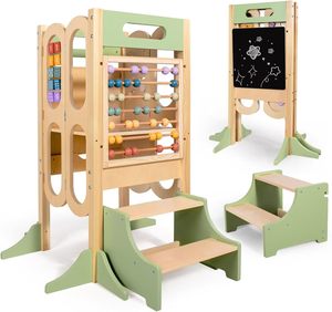 Torre <span class=keywords><strong>de</strong></span> Actividades para Niños Pequeños con Taburete <span class=keywords><strong>de</strong></span> 2 Niveles, Taburete <span class=keywords><strong>de</strong></span> Cocina, 3 Alturas Ajustables, Pizarra Blanca y Juegos Educativos - Product Image 1