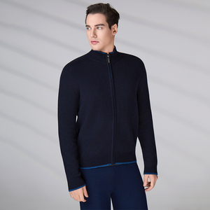 Pull en laine de luxe chaud avec poignets contrastants, cardigan zippé à manches longues de créateur, veste tricotée sur mesure pour homme - Product Image 5