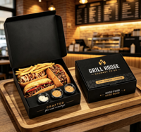 Boîte alimentaire à emporter personnalisée avec compartiments, contenant en carton jetable pour sandwich, frites et sauce.