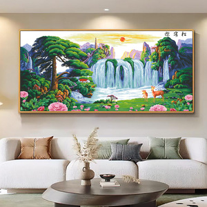 Pintura de punto de cruz DIY de gran tamaño: Cascada <span class=keywords><strong>y</strong></span> lago montañoso, paisaje natural, árboles, animales del bosque, arte en lienzo. - Product Image 1