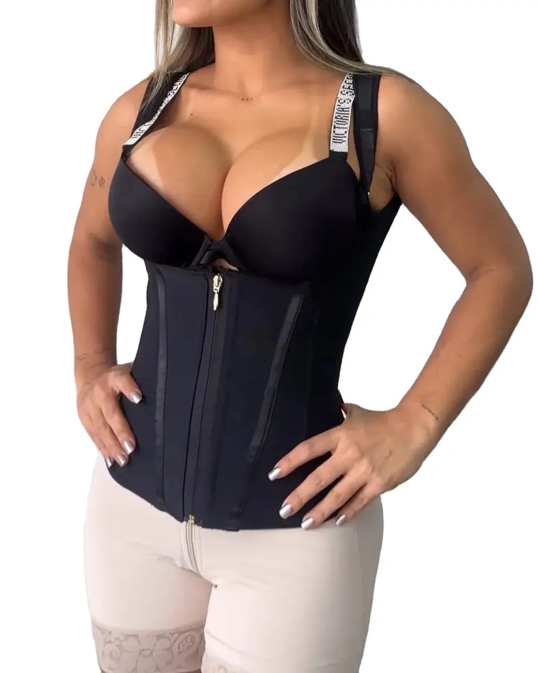 Top Colombian Girdles Fajas Steel Bones Waist Trainer Vest with Zipper and Hook Adjustable Shoulder Strap Body Shaper