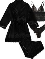 Ensemble de pyjamas et robes de nuit en satin de soie respirant avec dentelle, quatre pièces, pour femme, sexy, vente en gros