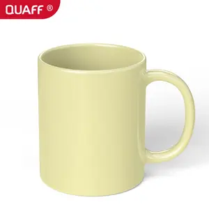 QUAFF كوب ذو لون أصفر كريمي من السيراميك بسعر الجملة سعة 11 أوقية اللون الجديد لتحديد شعار نقل الحرارة
