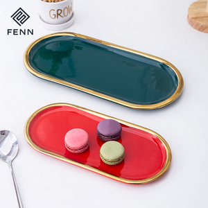 Luxe Golden Edge Ovale Ceram Sushi Dessert <span class=keywords><strong>Assiette</strong></span> Restaurant Coloré Rouge Vert Noël Dîner Plats De Service Ensemble De Plateau En Marbre - Product Image 1