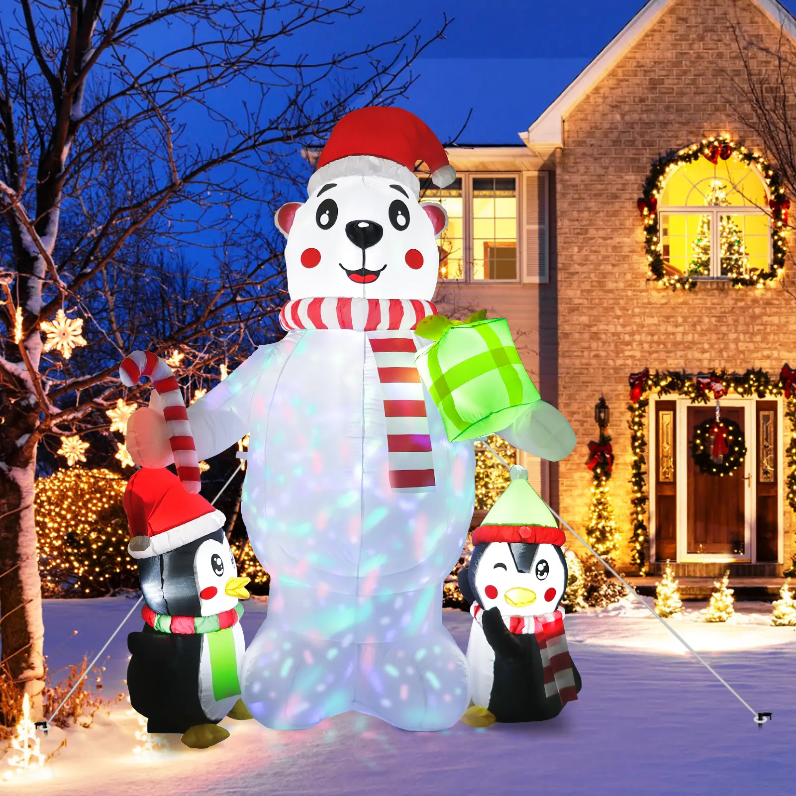 Dekorasi Natal luar ruangan, penguin beruang kutub tiup dengan tongkat permen dan Natal