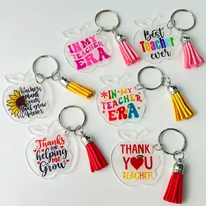 Creative Teacher's Day Gift Keychain Transparent Apple Shape Thank You Text Sunflower Tassel Car Bag Key Pendant Jewelry