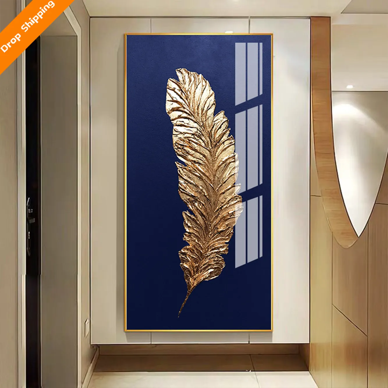 Custom Gold Feather Painting Hairy Leaf Crystal Porcelain Painting Wall Art 2022