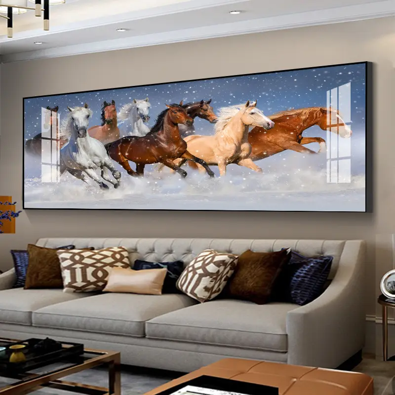 Pintura de arte animal para parede, 6 cavalos correndo, porcelana de cristal com moldura de metal, pintura de decoração de parede