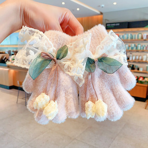 Guanti da <span class=keywords><strong>bambina</strong></span> in lana di visone per bambini lavorati a maglia calda e a prova di freddo per autunno/inverno graziose culle da dito antivento per il ciclismo - Product Image 5