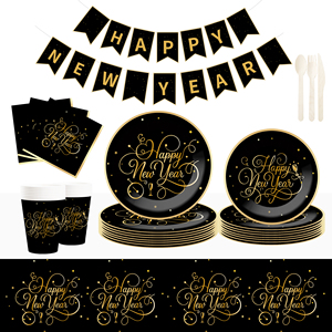 DAMAI New Years Eve Party Supplies Happy New Year Tableware Set <b>Disposable</b> Paper Plates Paper Cup Napkins and Wooden Cutlery - Product Image 1