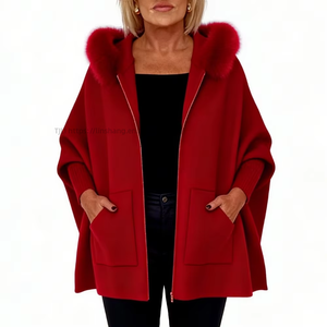 <b>Women's</b> Oversized Hooded <b>Cape</b> <b>Coat</b> - Faux Fur Trim Zip-Up Pocketed Winter <b>Womens</b> Clothes Fashion - Product Image 1