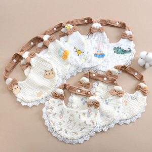 Nuevo Babero Absorbente <span class=keywords><strong>en</strong></span> Forma de <span class=keywords><strong>U</strong></span> de Algodón Puro para Bebé Recién Nacido, con Patrón de Animales, 6 Capas, Encaje Arrugado y Lazo Lindo - Product Image 2