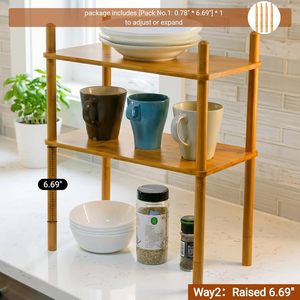 WooFawn Étagère de Rangement de Bureau Extensible à 2 Niveaux en Bambou, Ajustable et Empilable, pour <span class=keywords><strong>Cuisine</strong></span>, Maison, Bureau, Salle de Bain, Présentoir - Product Image 4