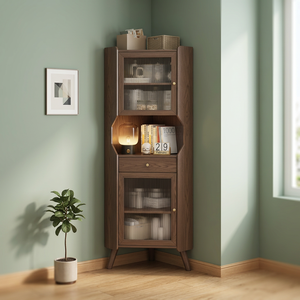 Modern Wood <b>Corner</b> Bookcase With Glass Doors 3 Shelves <b>Storage</b> <b>Unit</b> For Home Office Living Room Furniture - Product Image 3