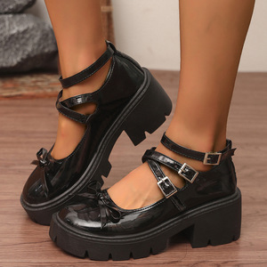 รองเท้าส้นสูงสไตล์ยุโรปอเมริกันแบบใหม่สำหรับฤดูใบไม้ผลิ ส้นหนาแบบตื้น รองเท้าพื้นหนา เหมาะสำหรับใส่คู่กับกระโปรง ขายส่งสำหรับผู้หญิง - Product Image 1