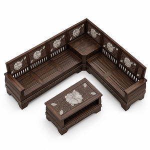 Juego de Sofás Esquineros de Madera Tradicional de Lujo con Intrincados Tallados Florales y Mesa de Centro a Juego para Interiores Elegantes - Product Image 1