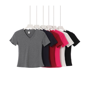 T-<span class=keywords><strong>shirt</strong></span> <span class=keywords><strong>basique</strong></span> d'été pour <span class=keywords><strong>femme</strong></span> RUICHI, col en V, en fil de spandex, manches courtes, couleur unie, coupe ajustée - Product Image 1