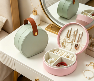 <b>Round</b> portable jewelry <b>box</b> made of premium PU leather with soft velvet lining and precise stitching process - Product Image 1