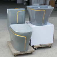 Inodoro de Cerámica Moderno con Líneas Doradas, Lavabo Integrado, Juego de Sanitarios de Cerámica para Baño