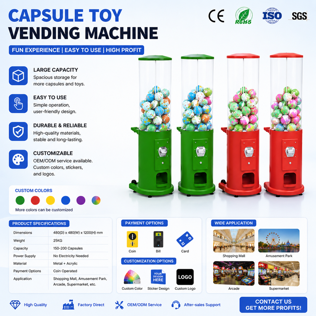 Reliable Cylindrical Gachapon Machine Capsule Vending Machine Coin Operated Toy Egg Dispenser for Amusement Centers and Pubs