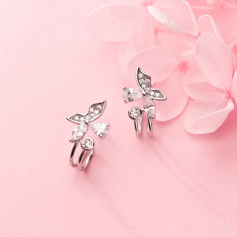 Luxury Cubic Zircon 925 Sterling Silver Butterfly Wedding Clip Earrings For Girls Jewelry Gifts