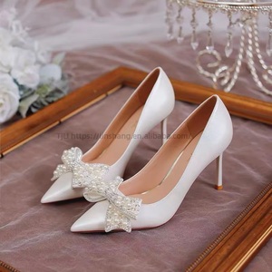 New Ladies White Stiletto Heel <b>Point</b> <b>Toe</b> High Heels Pumps Pearls Bow Outdoor Dress Shoes for Women - Product Image 1