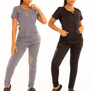 Fashionable scrubs set chef uniform zipper short black workwear scurbs two piece nursing uniforms